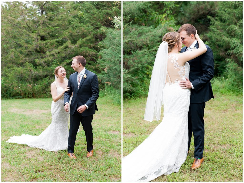 Couple embracing each other among greenery outdoors at Hope Glen Farm
