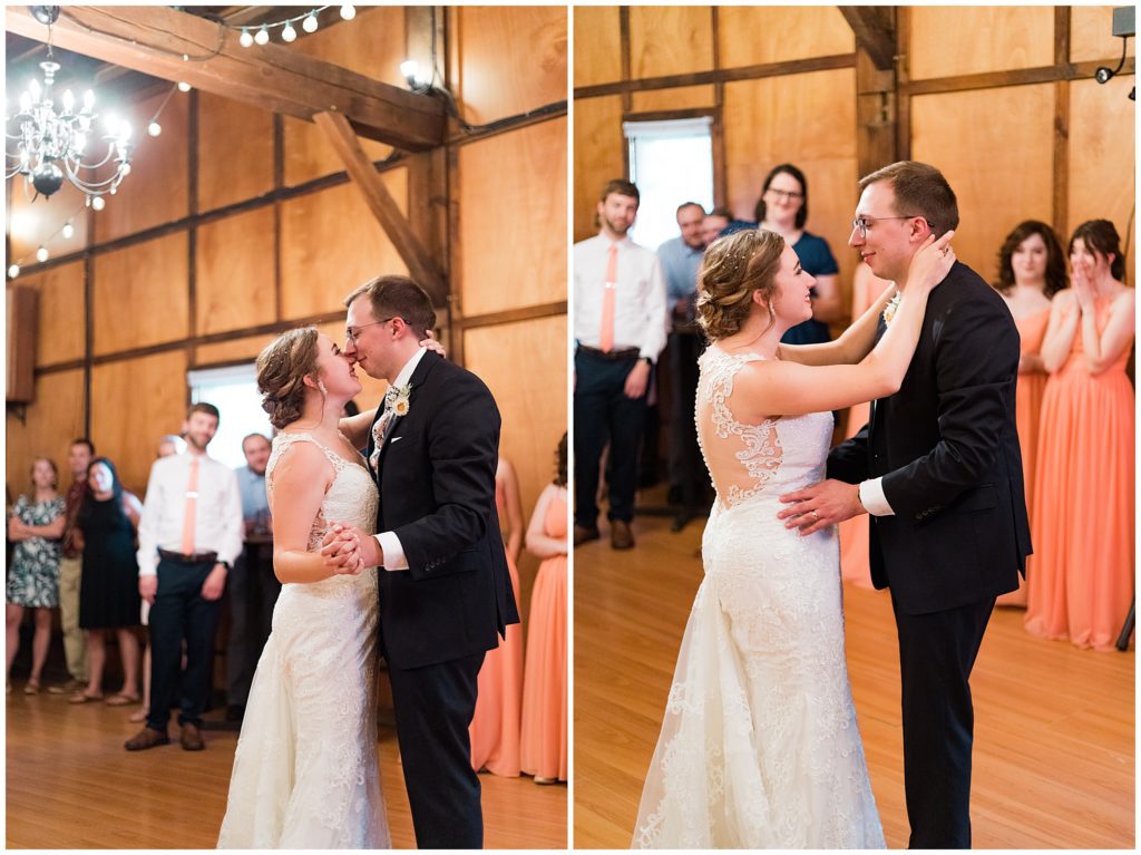 Couple embraces each other during first dance at Hope Glen Farm