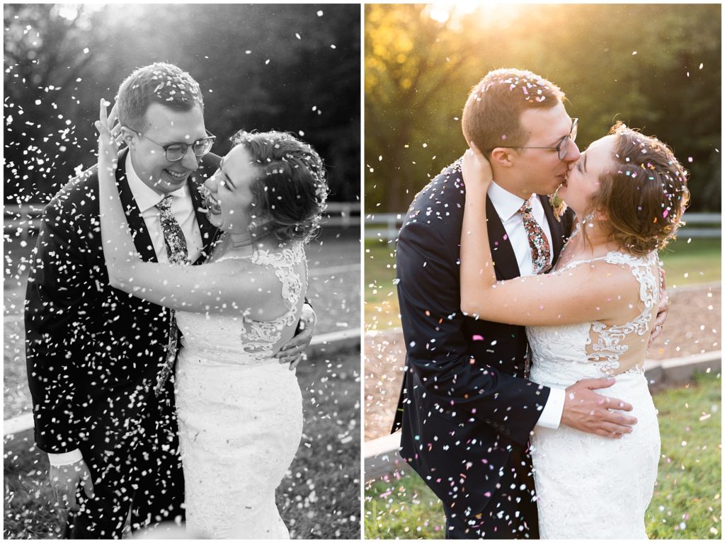 Joyful married couple kiss and embrace under confetti outside during golden hour in Minnesota at Hope Glen Farm