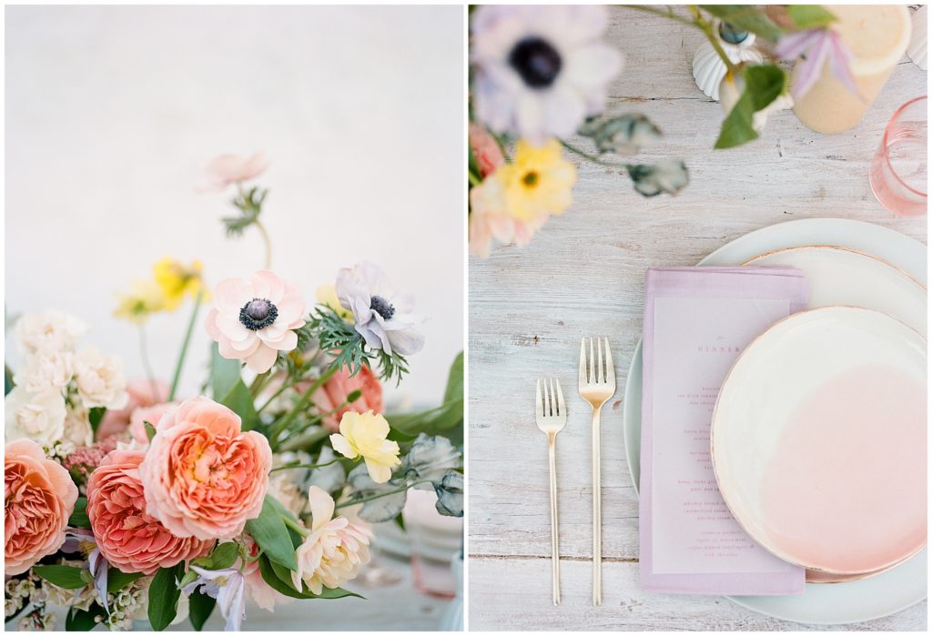 Two photos showing orange, pink, and yellow flowers designed by Oak and the Owl sitting on a table tops, and a wedding reception table designed by Greystone table, also featuring Plume Calligraphy paper menus for a watercolor wedding inspiration