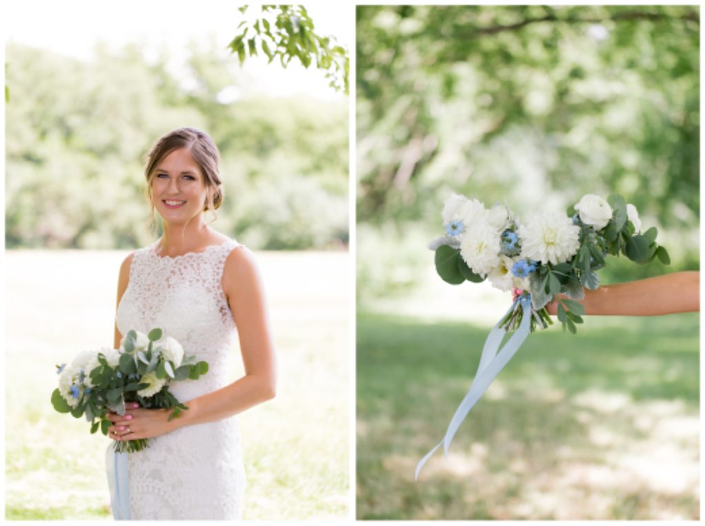 Fine art outdoor portraits of bride wearing Effie's Bridal Trunk gown and light floral arrangement by Ergo Floral