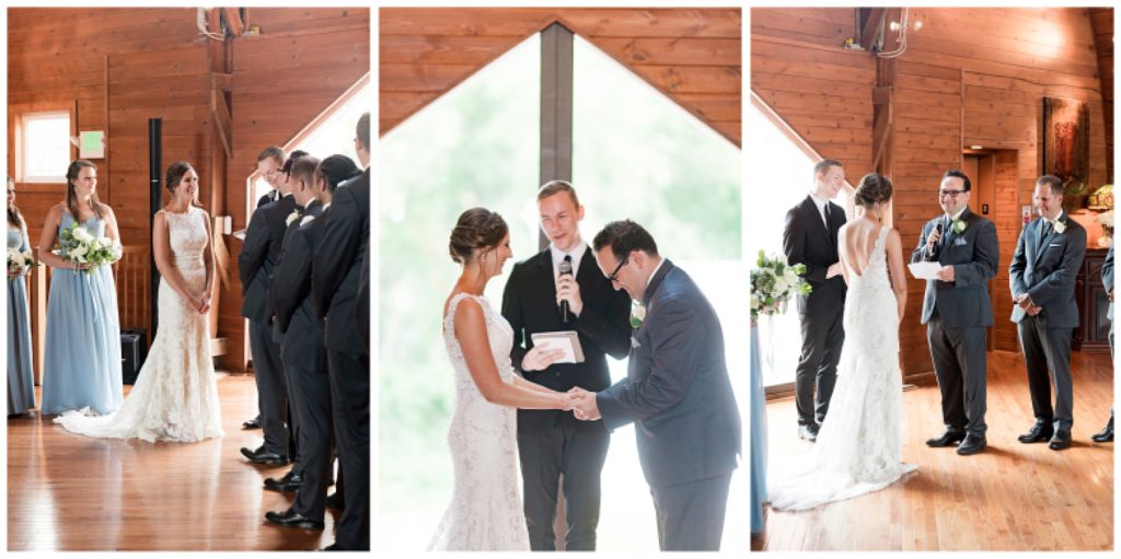 Fine art photographs of indoor wedding ceremony at Green Acres Event Center during indoor wedding