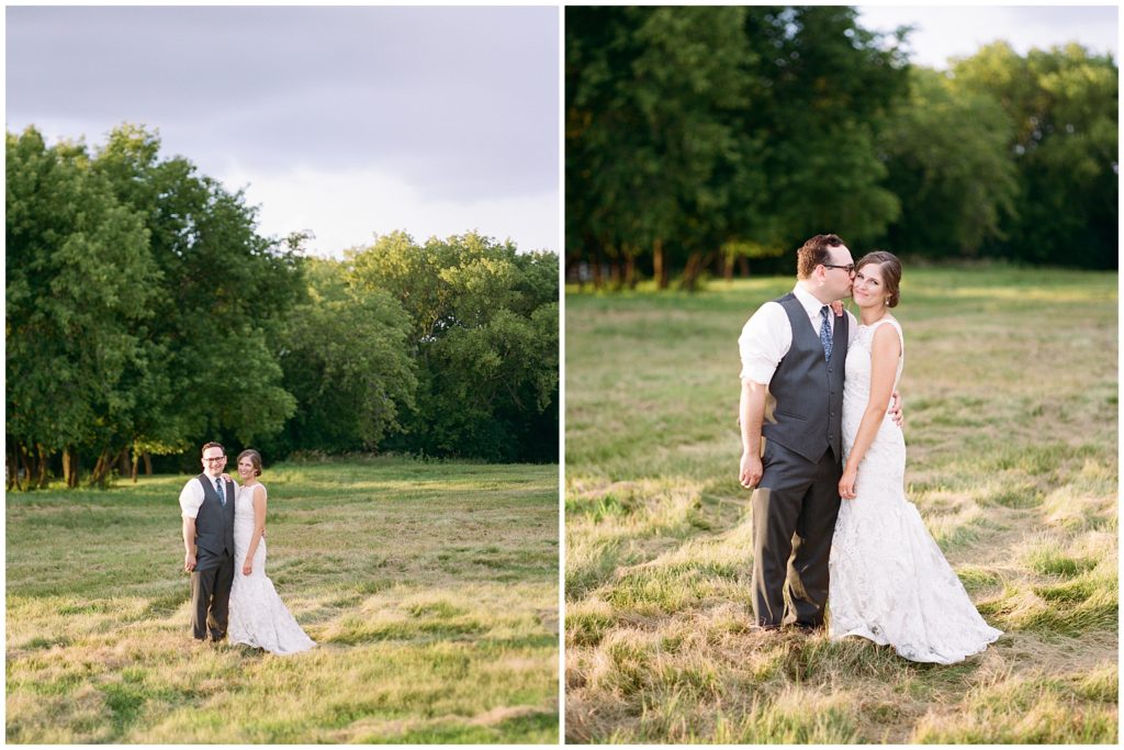 Twin cities bride and groom smiling outside during sunset