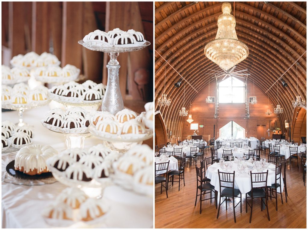 Light, white indoor wedding setting at Green Acres Event Center, featuring Nothing Bundt Cakes cake