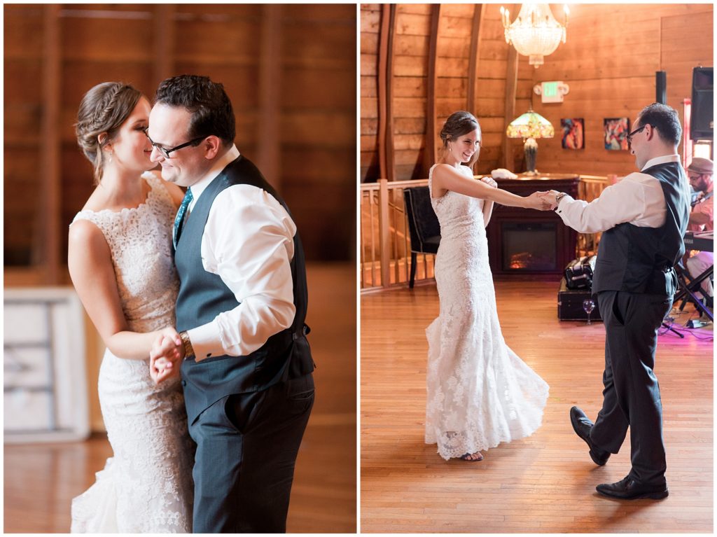 Bride and groom dancing and smiling at Green Acres Event Center indoor wedding reception