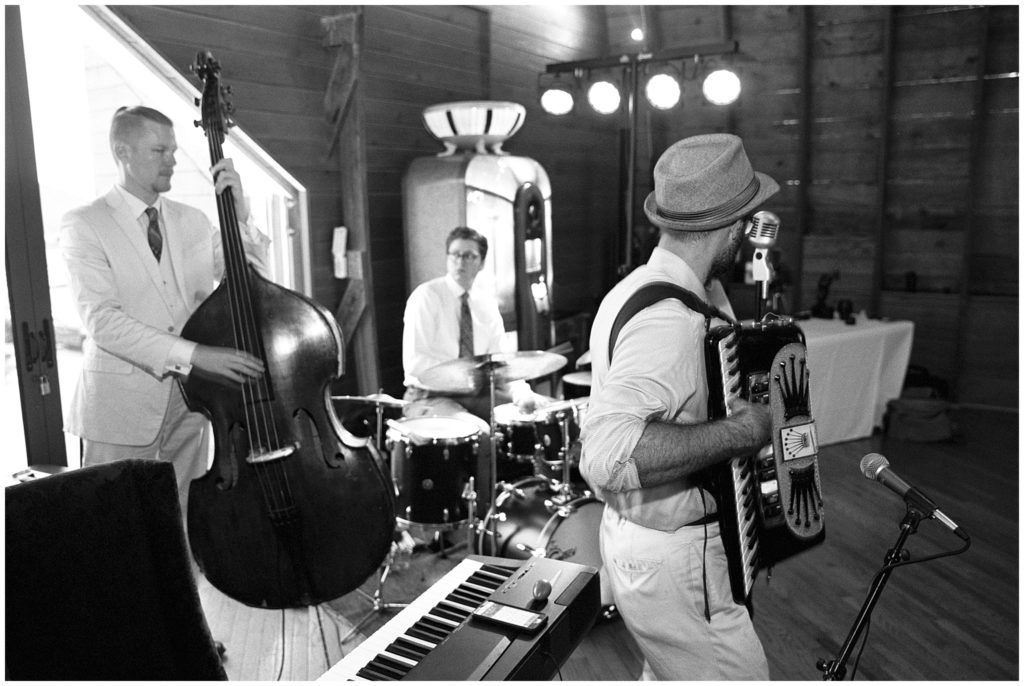 Twin Cities musicians playing bass, drums, and accordion at wedding reception in Eden Prairie