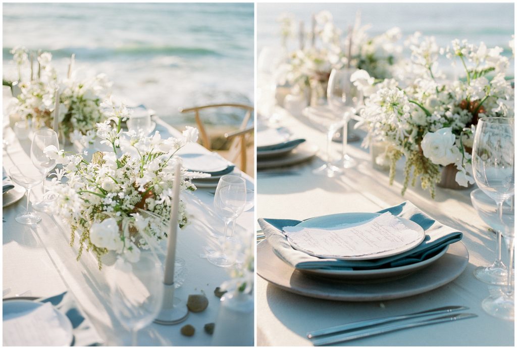 Wedding reception table inspiration, featuring ocean blue linens, and white flowers, designed by Casa de Perrin, featuring BBJ Linen.