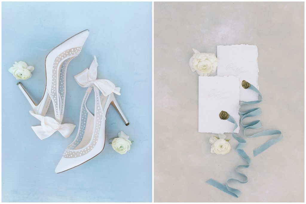 Bella Belle Shoes on ocean blue background, and white invitations by Plume Calligraphy on gray background, styled by Locust Collection and Chasing Stone