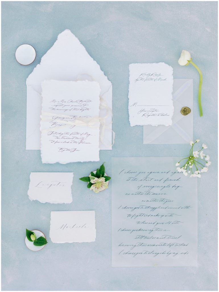 Blue and white wedding invitation suite for wedding inspiration, on white paper by Plume Calligraphy, designed by Locust Collection and Chasing Stone