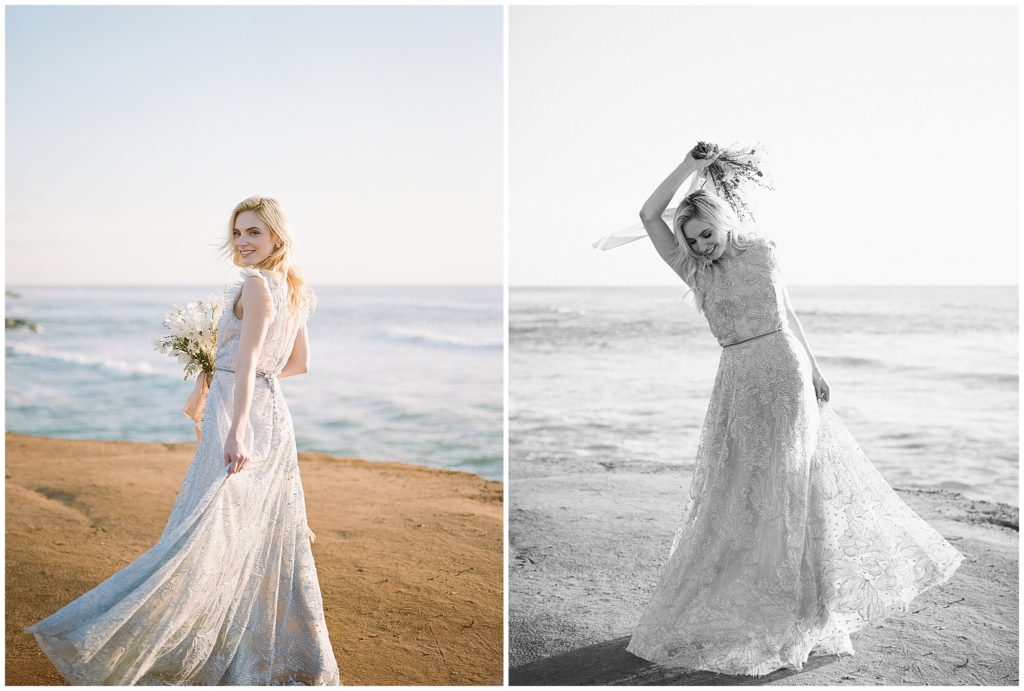 Portraits of a bride showcasing her Christina Sfez wedding gown, holding a Max Owens Design white spring weddingbouquet on a beach at sunset