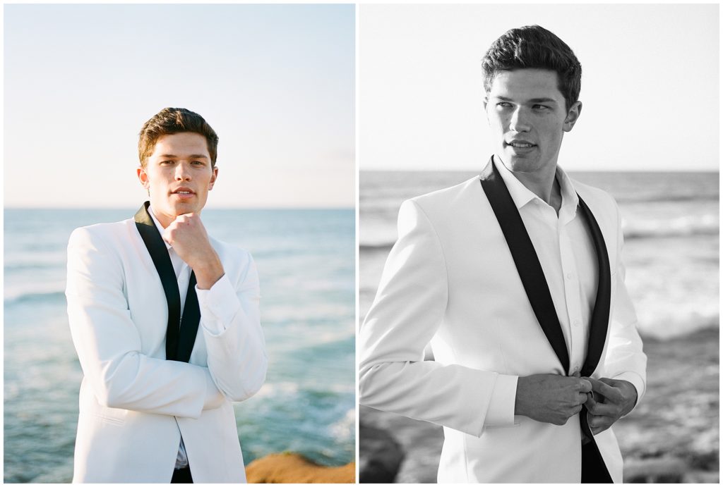 Portraits of a groom wearing a white, Friar Tux tuxedo at sunset
