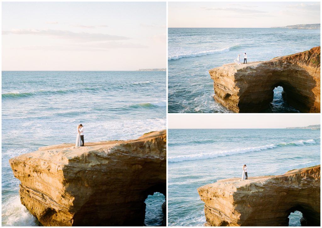 A series of landscape oceanfront photos, featuring a couple kissing each other in the distances on a tan cliff by the light blue Pacific Ocean.