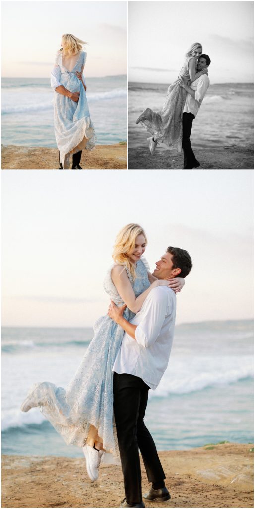 The groom embraces the bride by lifting her up in the air in a series of photos on the beach by the Pacific Ocean during wedding inspiration The Hybrid Collective photoshoot.
