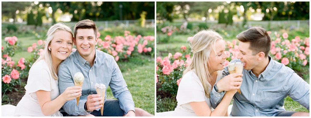 Couple eats ice cream on a picnic at the Minneapolis Rose Gardens