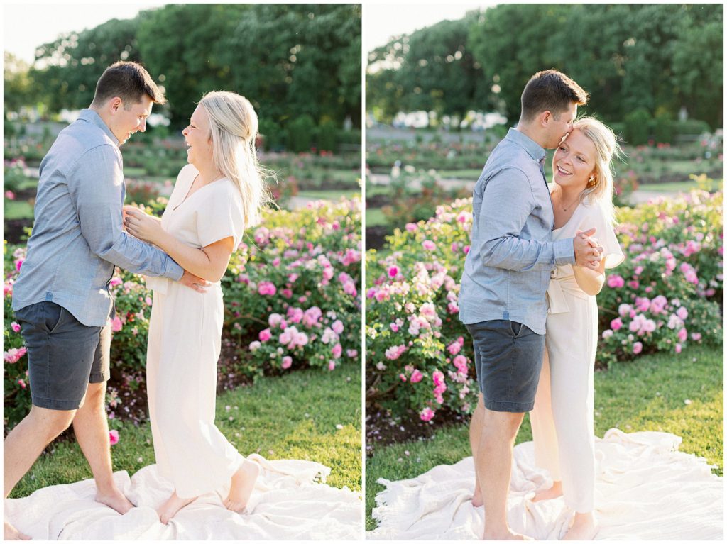 Man and woman dance in Minneapolis rose gardens as the sun sets 