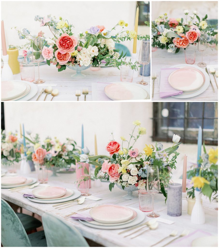 Orange and pink wedding reception table inspiration outside Junipero Serra Museum, featuring orange, white, pink, and yellow floral arrangements by Oak and the Owl, and tabletop set up by Greystone Table