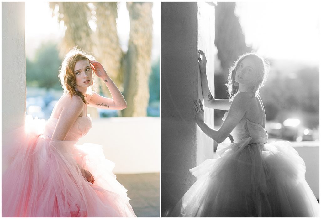Fine art photographs of a blond bride sitting outside, wearing a light pink Claire LaFaye wedding gown, with the California sun and palm trees behind her.