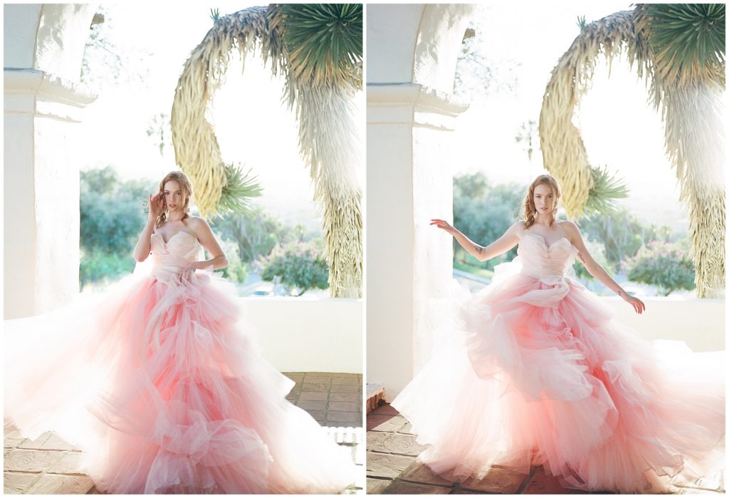 Light, fine art portraits featuring a blonde bride dancing outside in California in her pink, Claire LaFaye wedding dress during her spring wedding