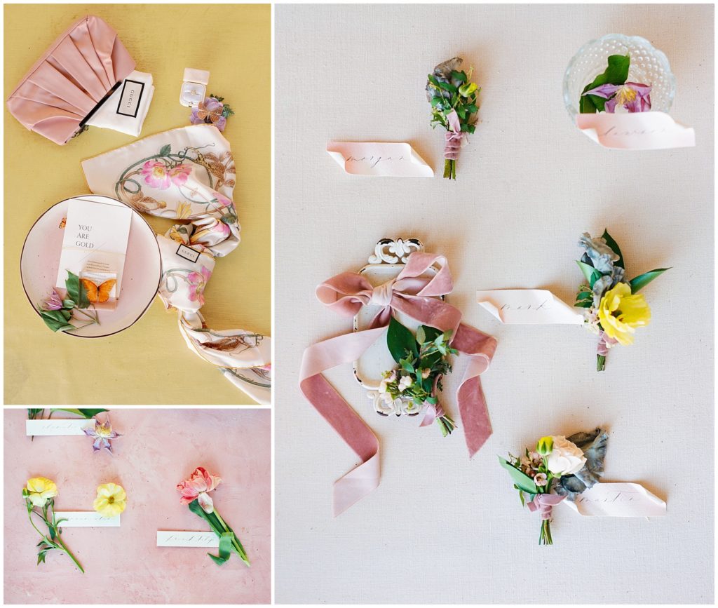 Watercolor wedding inspiration featuring table designs of pink and yellow flowers and accessories by Oak and the Owl, Plume Calligraphy, Greystone Table, and more