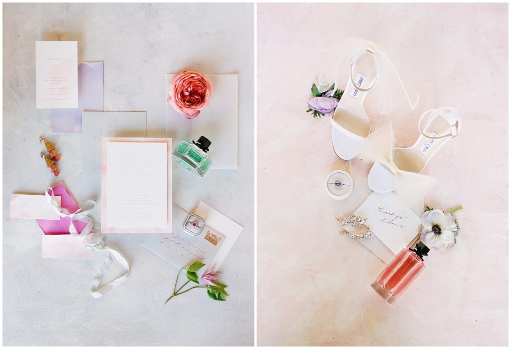 Spring wedding inspiration shots with colorful Plume Calligraphy paper invitations, Jimmy Choo bridal shoes, Oak and the Owl pink and purple flowers, and other accessories by The Styled Kit and Gucci