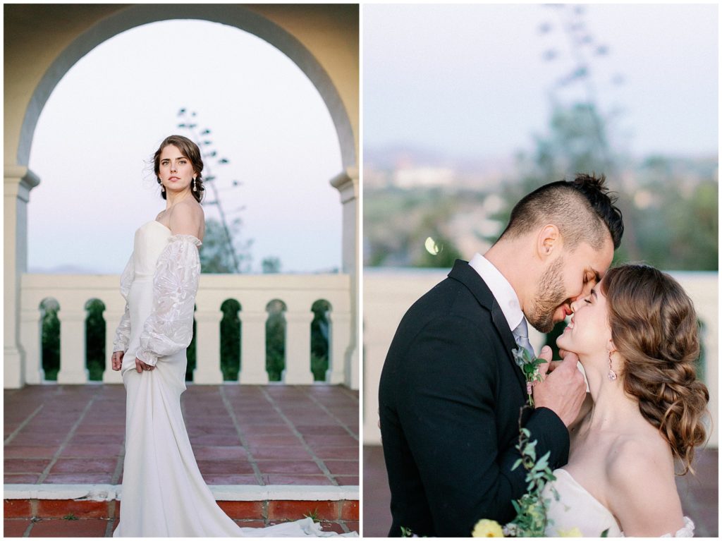 A brunette bride stands in a Alexandra Grecco lace wedding gown under an archway in California, and then kisses her groom outside during intimate wedding