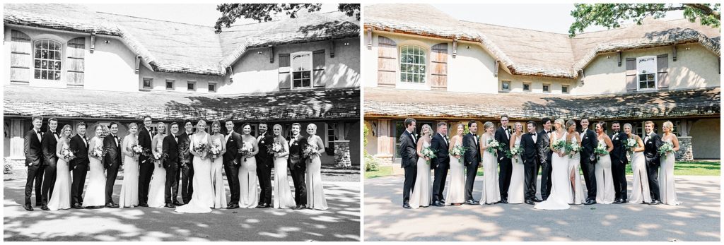 Classy neutral wedding party in front of Minnesota Estate Wedding Venue