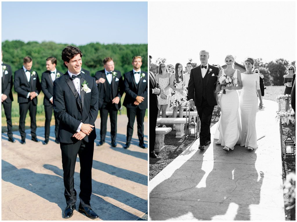 Bride walks down the aisle to her emotion groom during their outdoor wedding ceremony