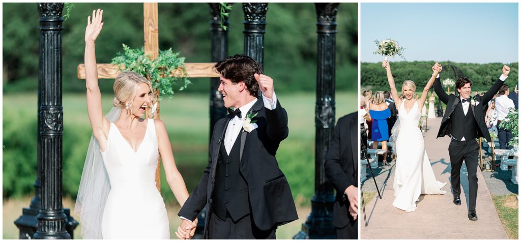 Bride and groom cheer during recessional wedding ceremony outdoor