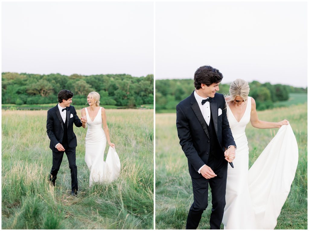 Groom and bride laugh as they walk through the field at their outdoor summer wedding at Edward Anne Estate by Bavaria Downs photographed by The Byes Photo