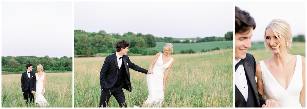 Bride and groom playfully run through field at Bavaria Downs Edward Anne Estate during their outdoor summer wedding Minnesota