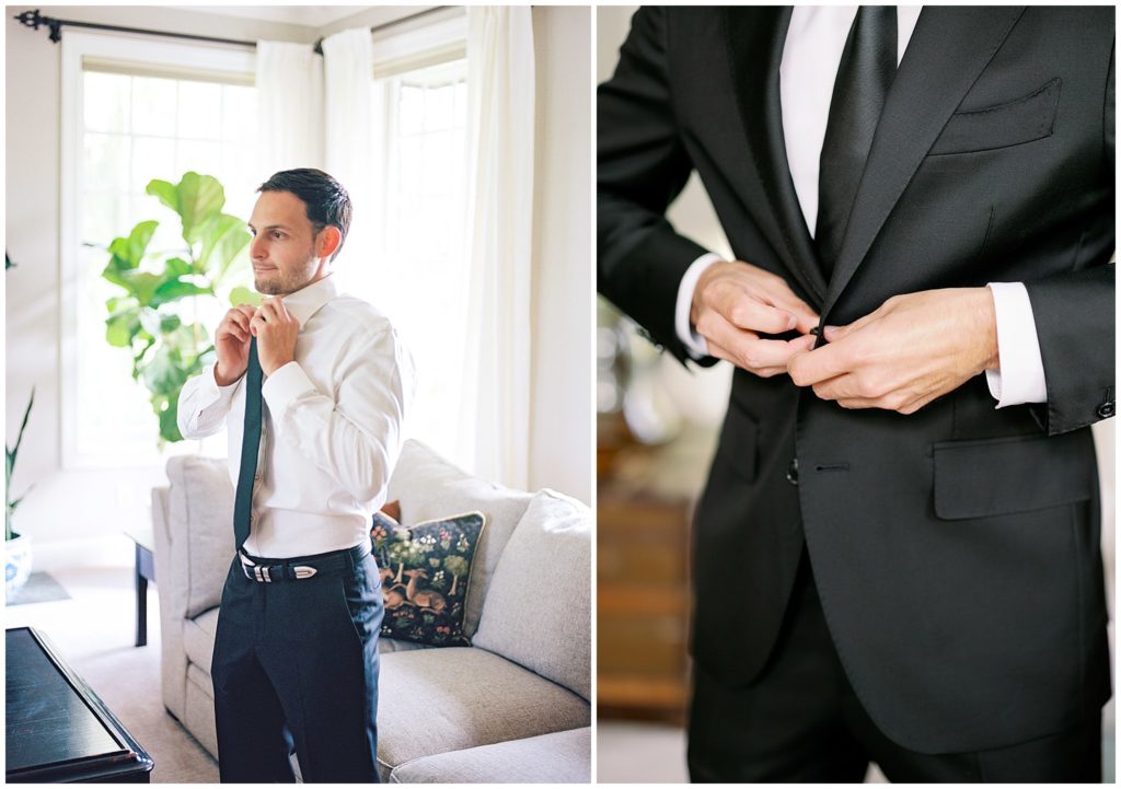 Groom gets ready in living room of estate for his Minnesota outdoor wedding by The Byes Photo