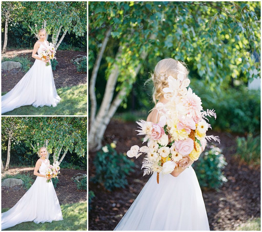 Bridal portraits with stunning pink and yellow bouquet