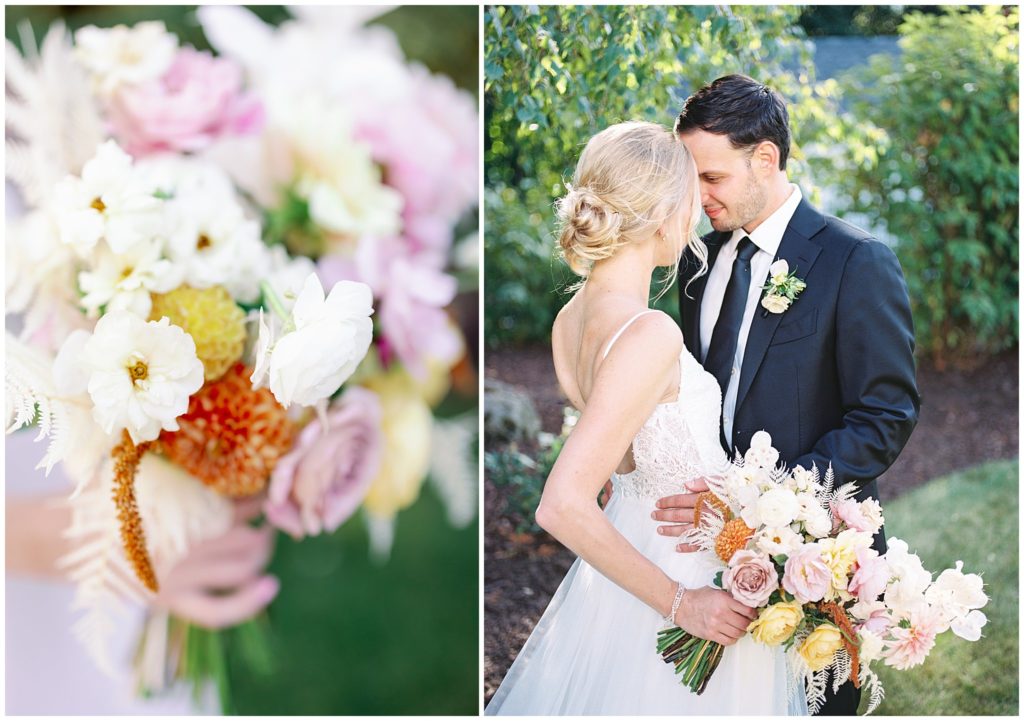 Detail image of a light and bright wedding photographer pink and white bouquet