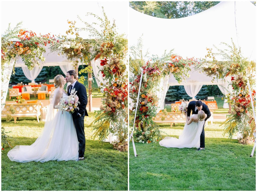 Floral arch in Minnesota estate wedding backyard wedding