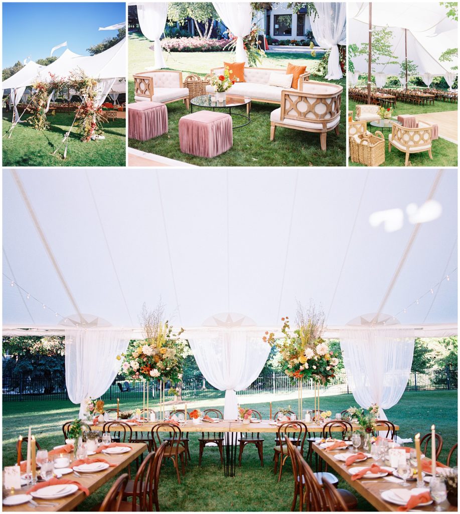 Minnesota estate wedding reception tables and seating area pink and orange details