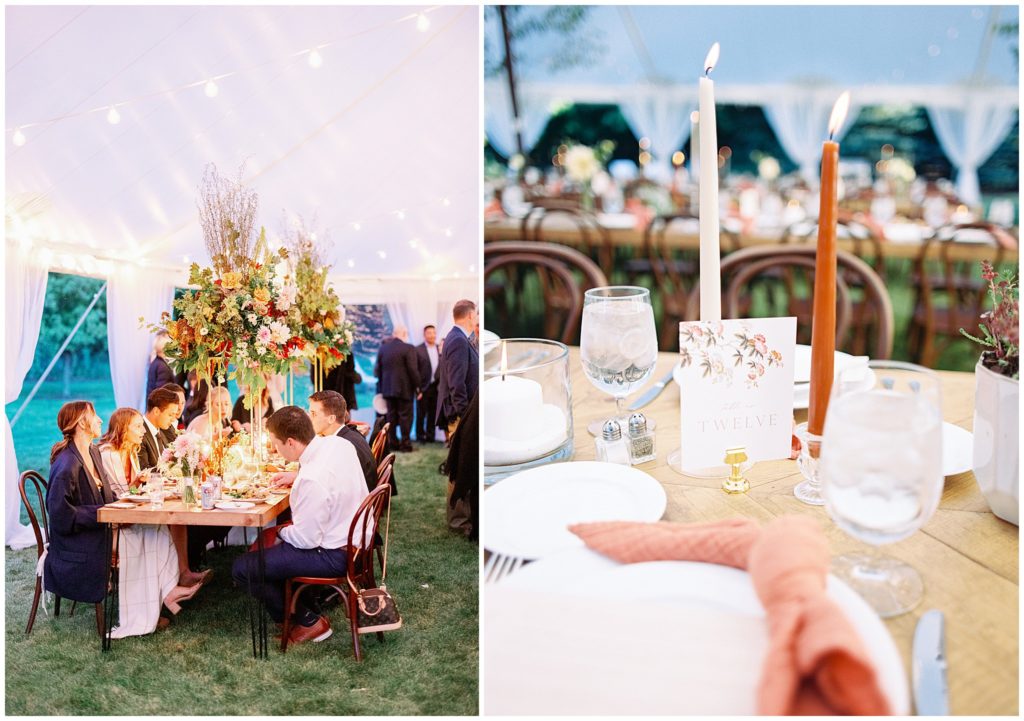 Outdoor upscale candlelit tent reception details at night at outdoor wedding in Minneapolis
