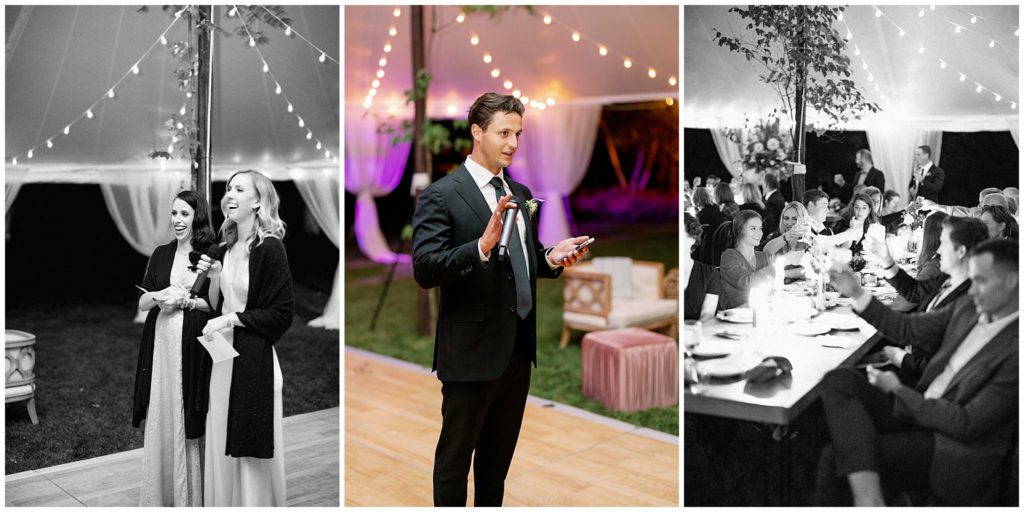Reception speeches at tent outdoor wedding at Minnesota estate wedding 